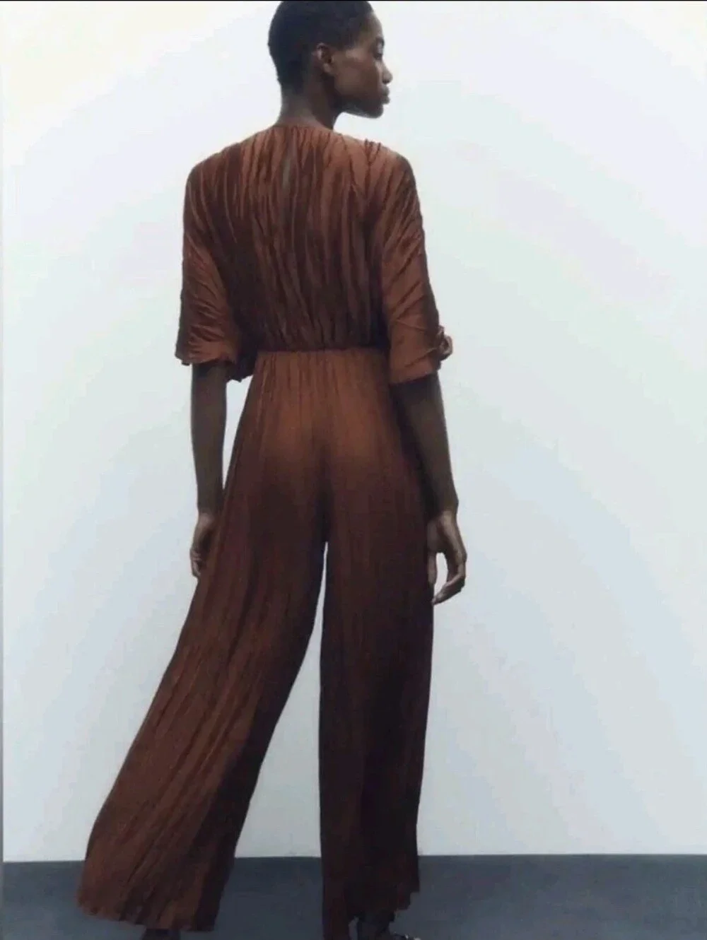 Zara - Rust Brown / Copper Pleated Wide-Leg Jumpsuit with Ring Detail